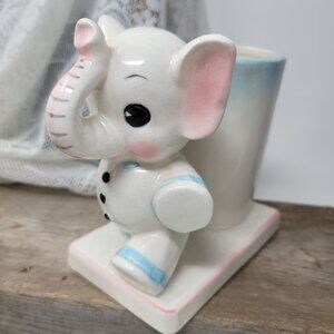 Vintage Baby Elephant Planter Vase Blue & Pink Trunk up